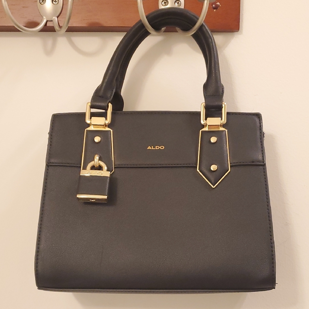Aldo Black Tonga Faux Leather Satchel with Gold Details